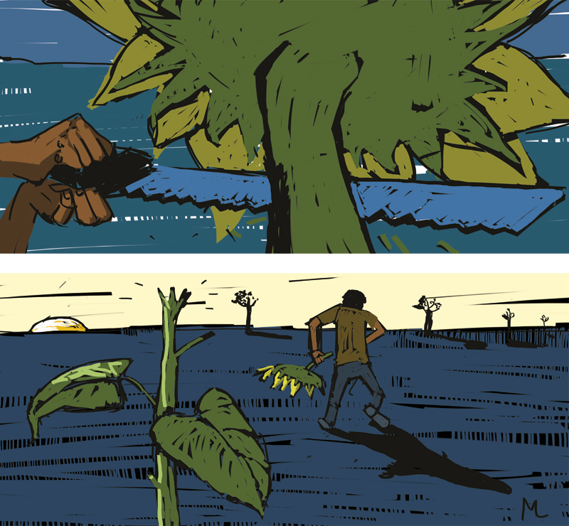 Comic 24h, man cutting off sunflower and leaving