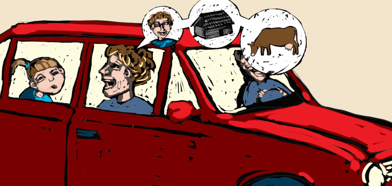 Comic story about country side, Car with passingers on the road